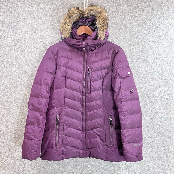 Eddie Bauer Jacket Womens Medium Purple Down Puffer Coat Faux Fur Hood - Picture 14 of 15